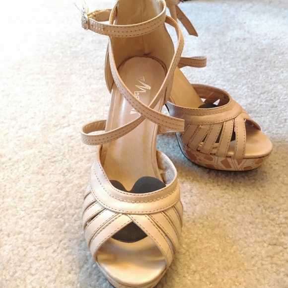 Beige Platform Stacked Heels with Ankle Straps - Picture 2 of 5
