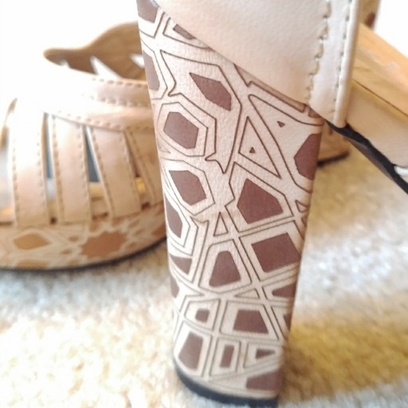 Beige Platform Stacked Heels with Ankle Straps - Picture 4 of 5