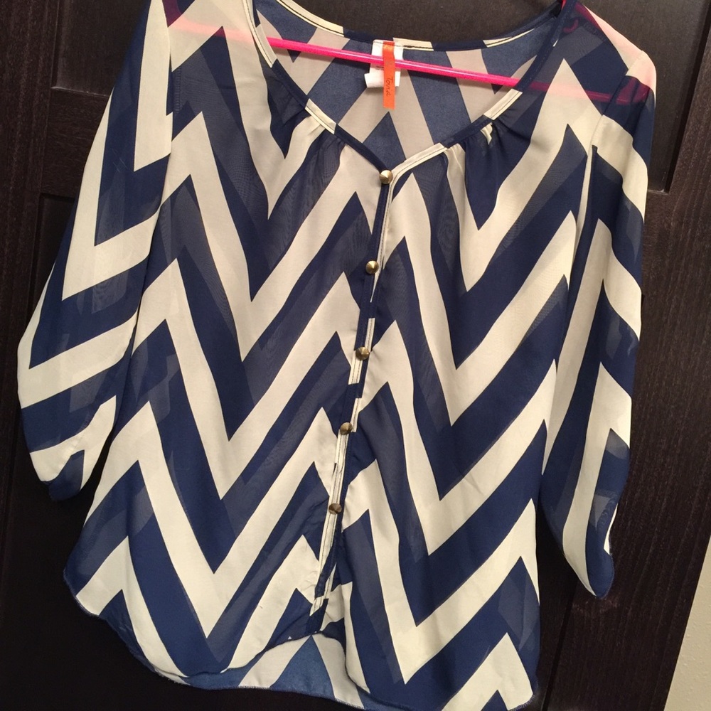 Sheer Chevron Blouse, Navy and Beige, Size L
