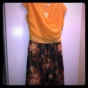 Cute gold and blue dress. Floral print on skirt