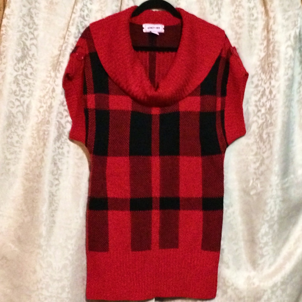 Large Red & Black Checked Long Cowl Neck Sweater