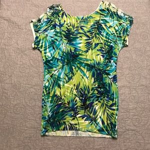 Cache palm print blouse w/ shoulder cutouts EUC