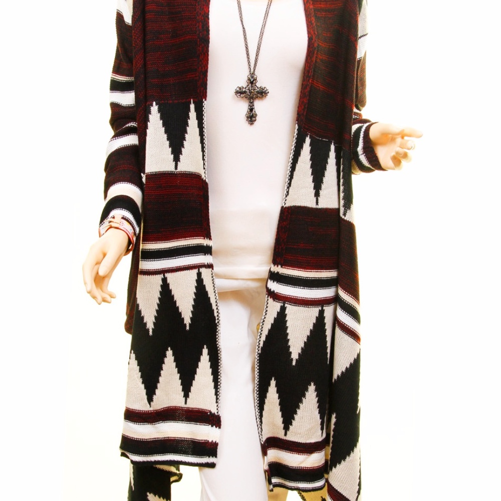 BOHO Wool Blend Tribal Sweater Duster Cardigan - Picture 2 of 8