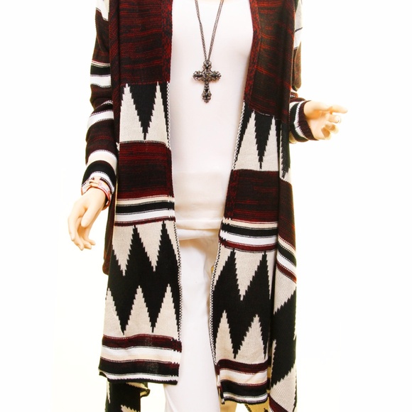 BOHO Wool Blend Tribal Sweater Duster Cardigan - Picture 2 of 8
