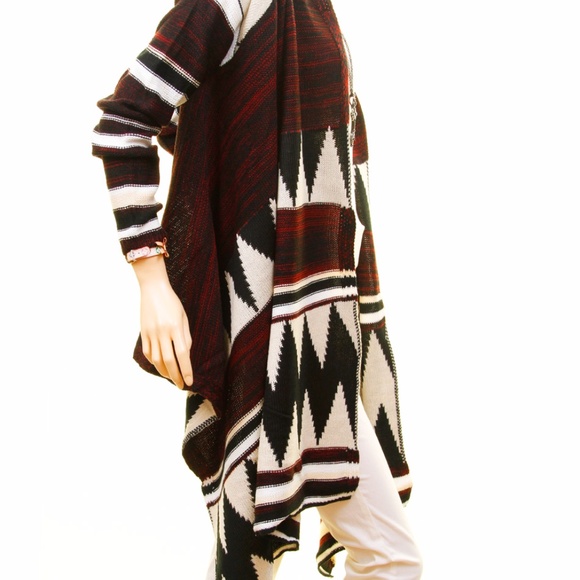 BOHO Wool Blend Tribal Sweater Duster Cardigan - Picture 4 of 8