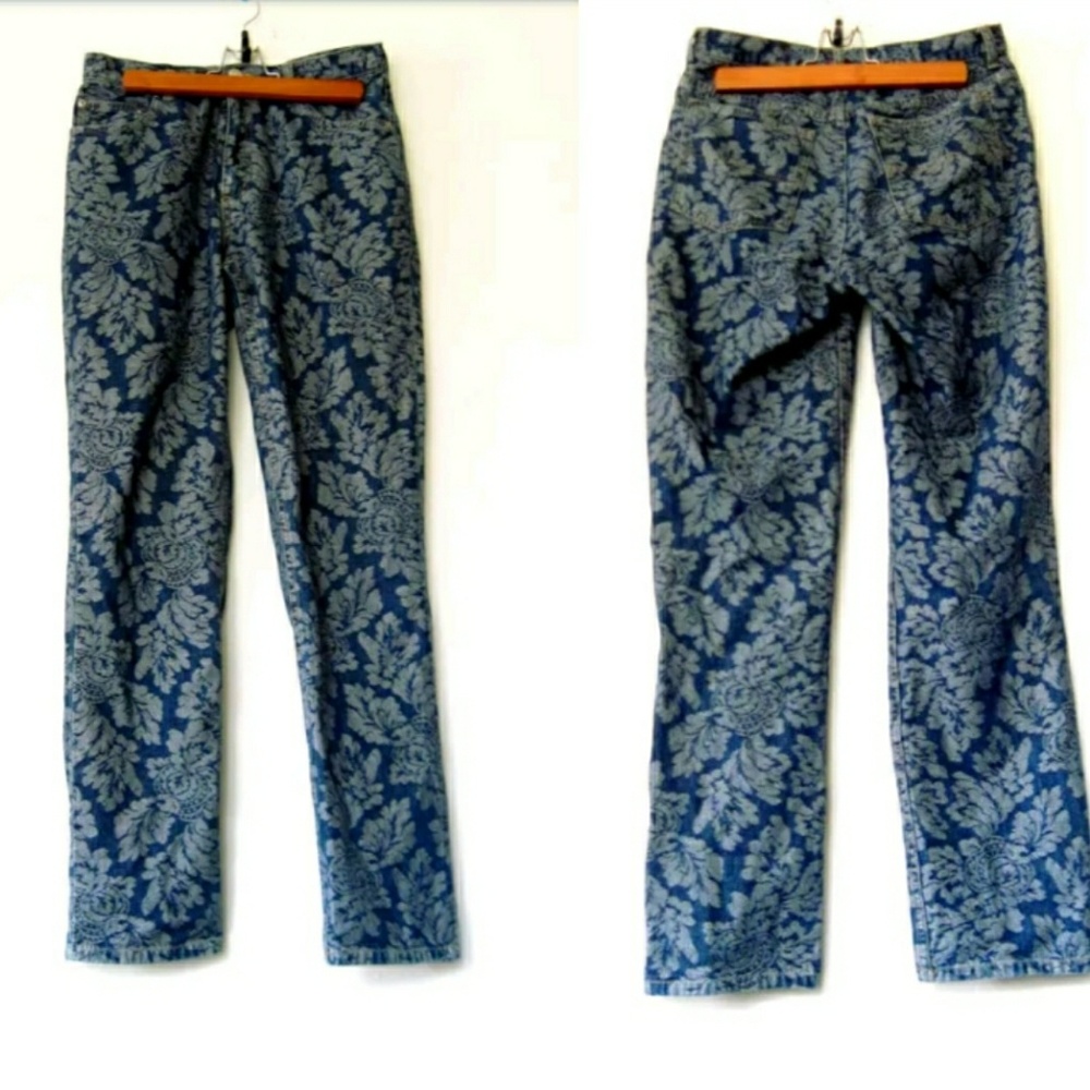 90s High Waist Etched Floral Brocade Blue Jeans