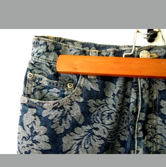 90s High Waist Etched Floral Brocade Blue Jeans - Picture 2 of 4