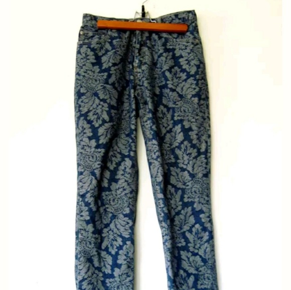 90s High Waist Etched Floral Brocade Blue Jeans - Picture 3 of 4