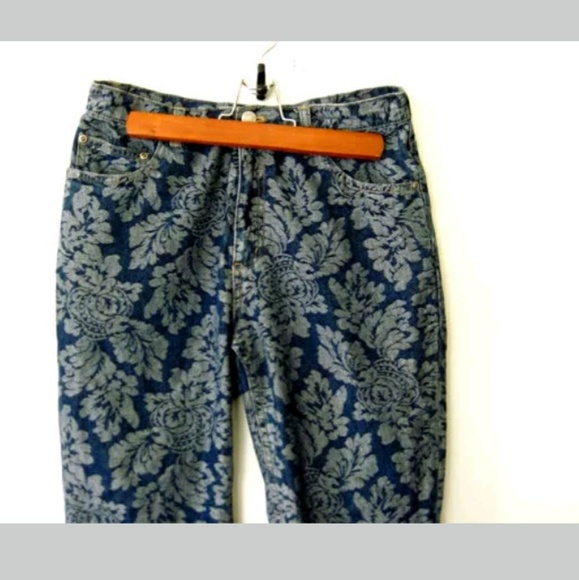 90s High Waist Etched Floral Brocade Blue Jeans - Picture 4 of 4