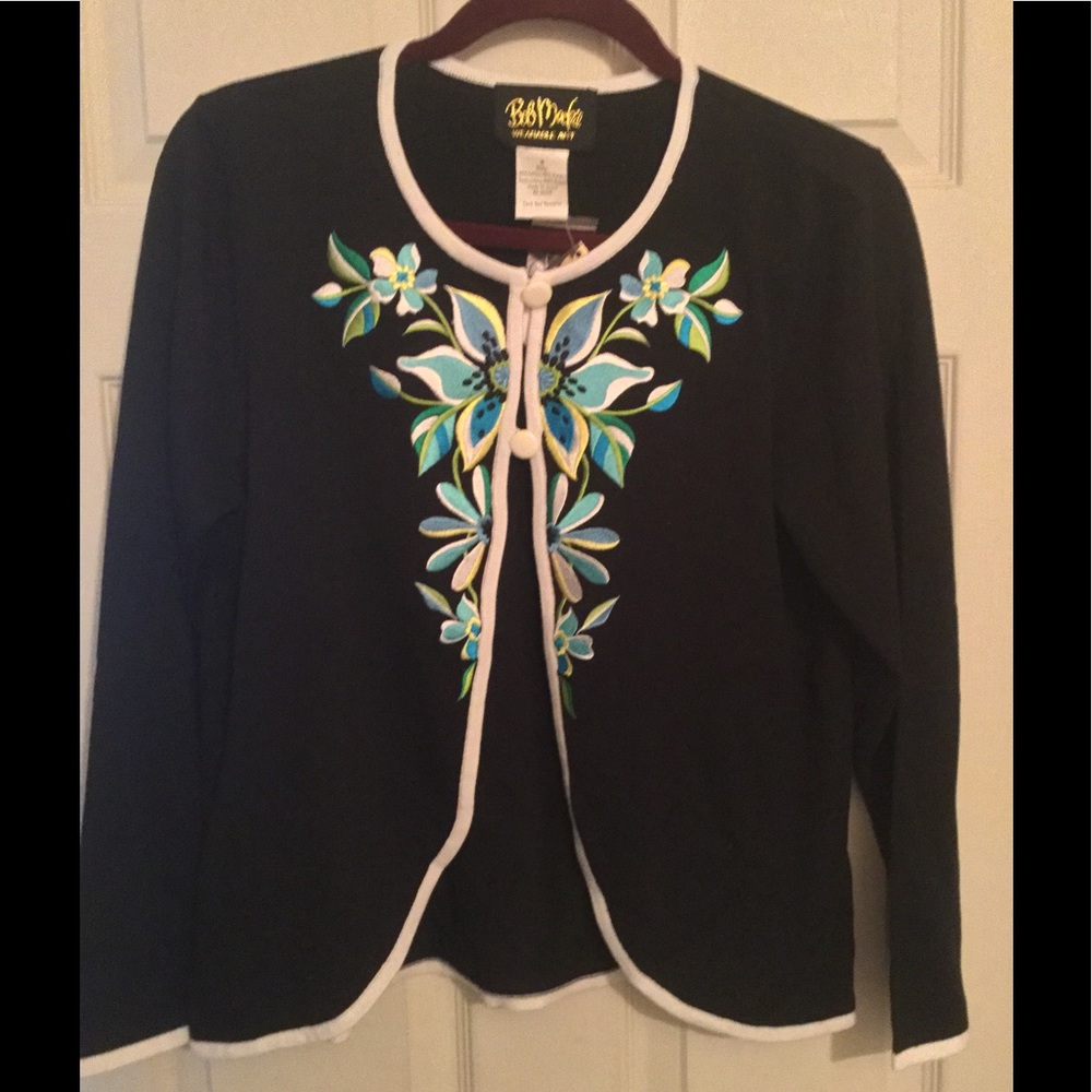 Bob Mackie Black Blue Floral Sweater S