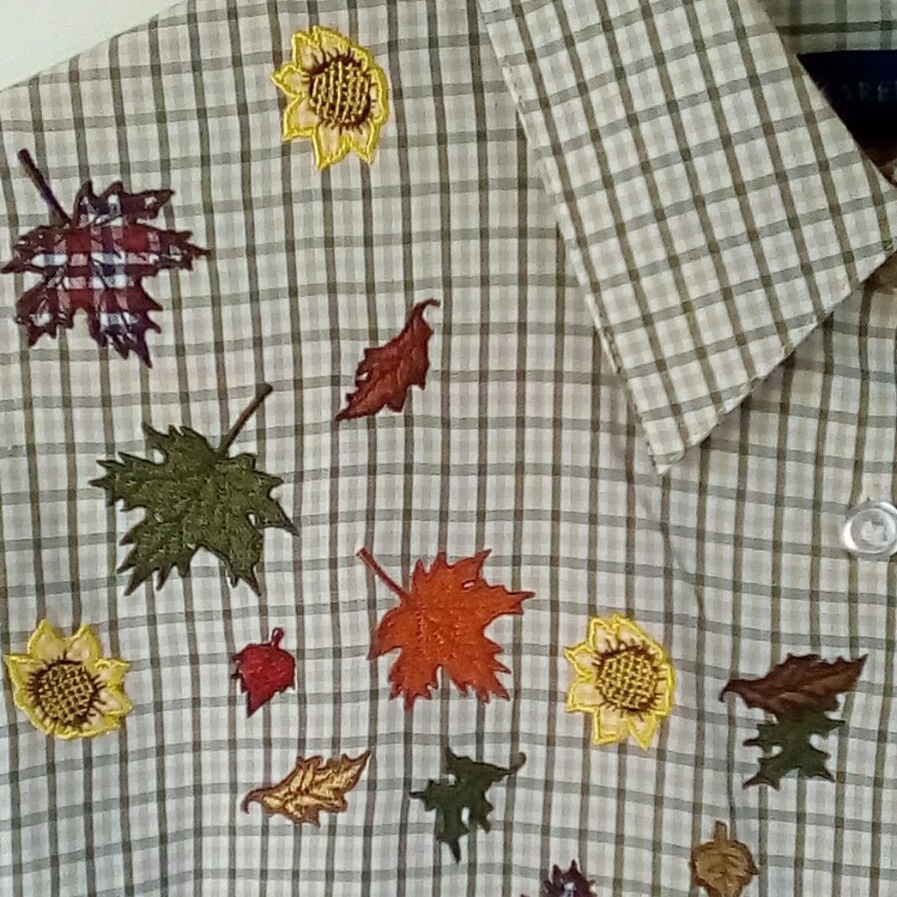 Olive & Tan Paid Shirt w/ Fall Leaves & Pumpkins