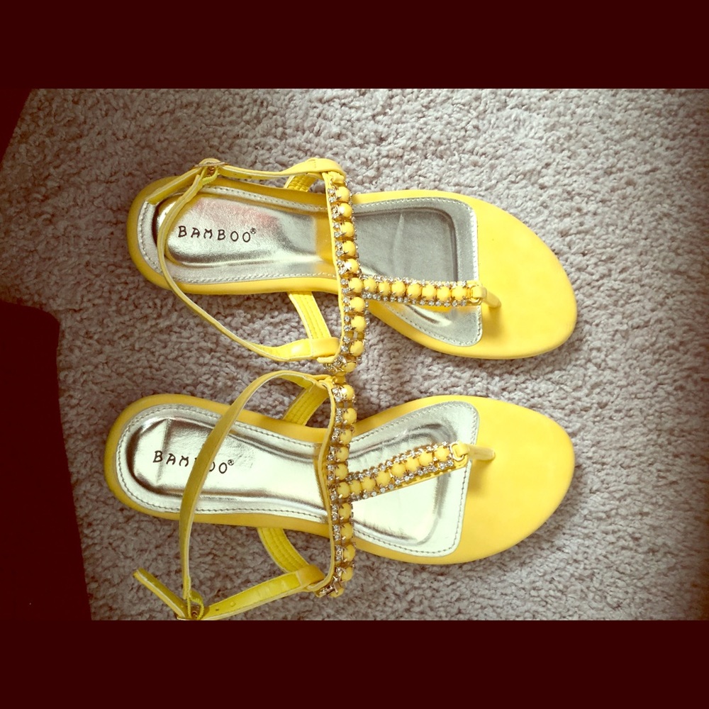 Yellow dressy sandals with beads and crystals