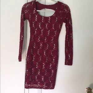 Red Wine Lace Sequin lLong Sleeve Dress