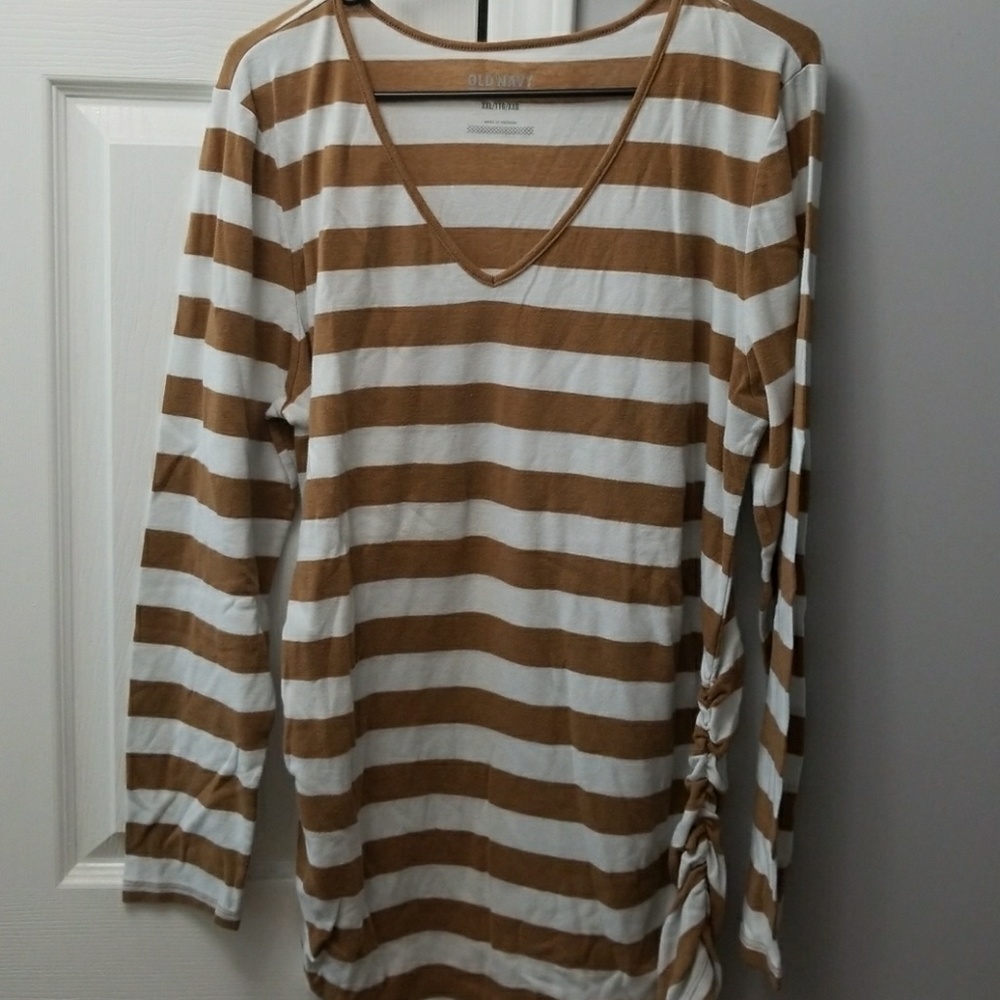 Tan and white, long sleeve maternity top