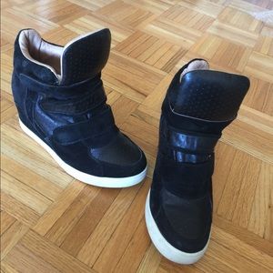 Black leather and suede wedge hi top sneakers
