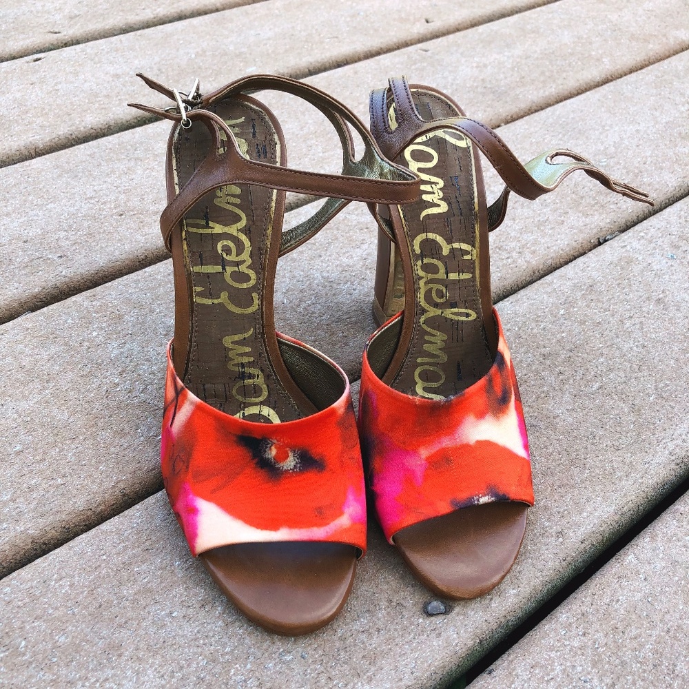 SAM EDELMAN Satin Ankle Strap Block Heels Size 8