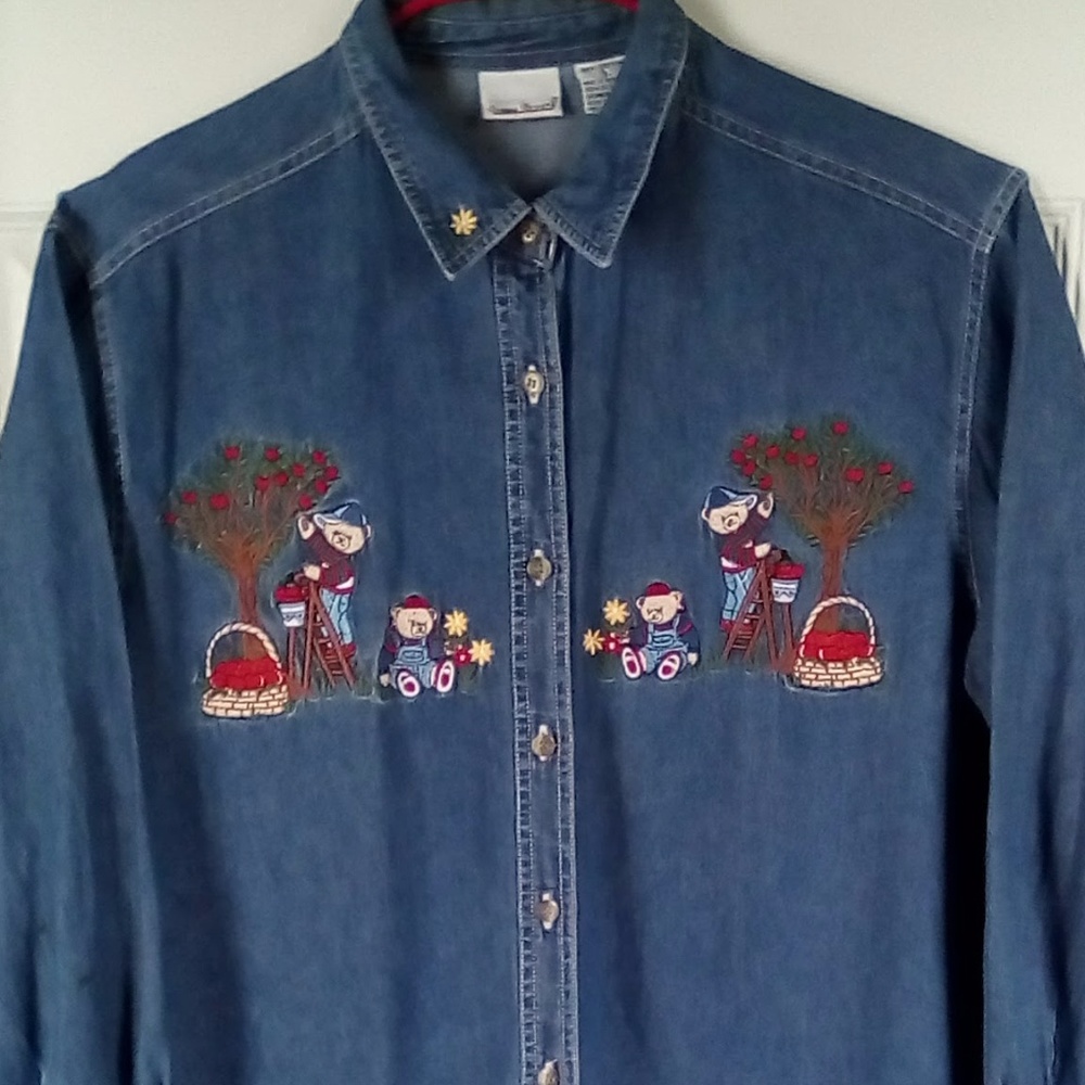 Denim Fall Shirt w/ Cute Bears Picking Apples