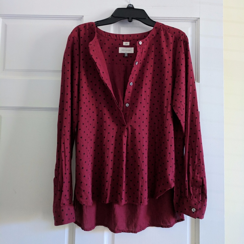 EUC LOFT Red Polka Dot Henley Cotton Shirt XSP