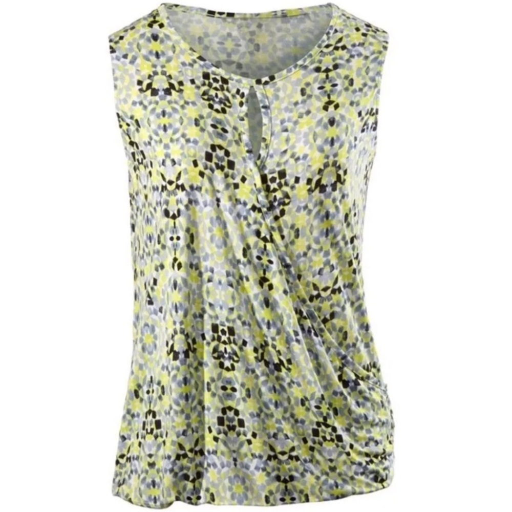CAbi Printed Sleeveless Crossover Tee Top
