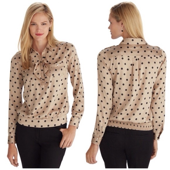 White House Black Market Tops - WHBM Brown Polka Dot Silk Pocket Blouse