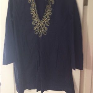Navy 3/4 Length Top with Gold Beading and Detail