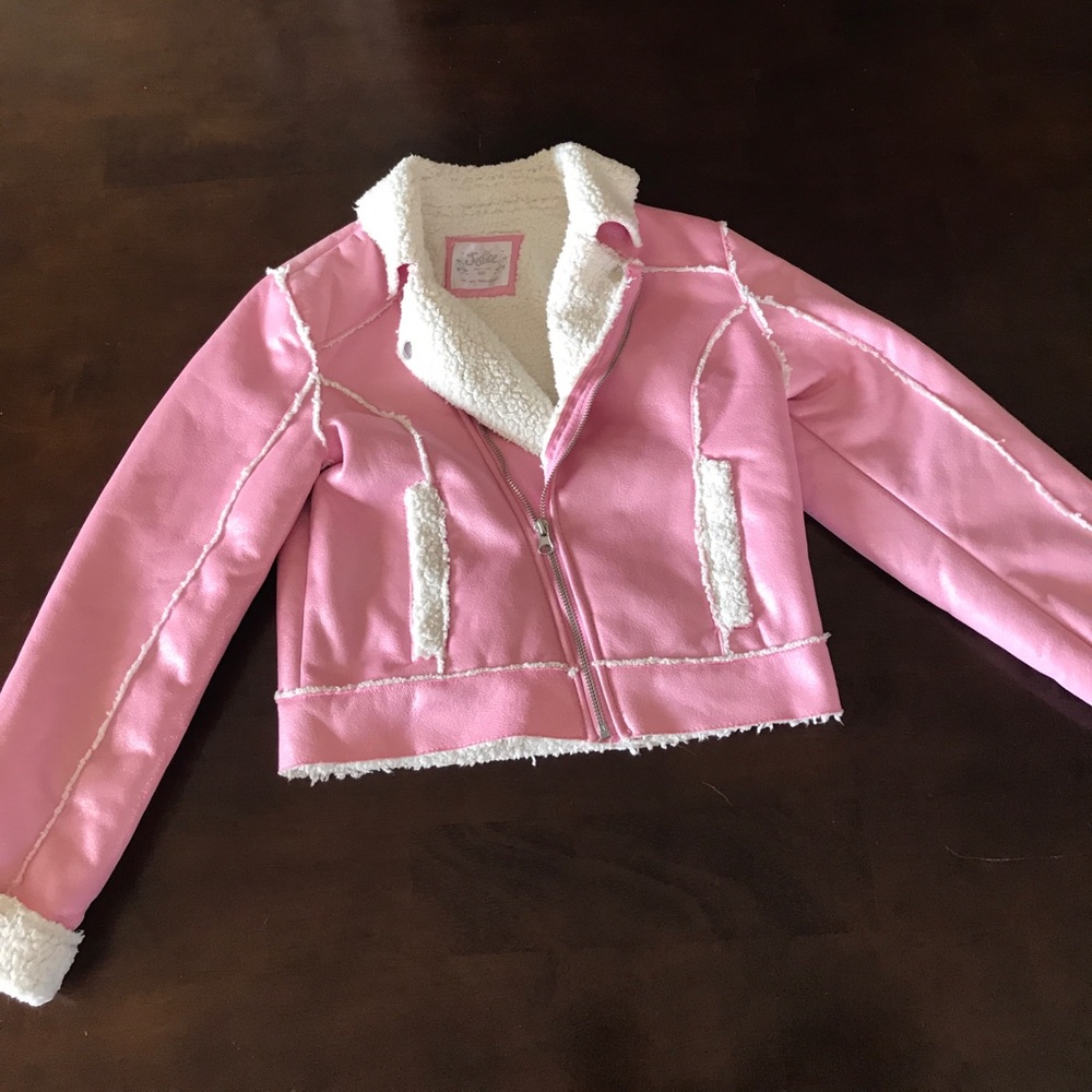 Justice metallic pink faux Sherpa moto jacket 8/10