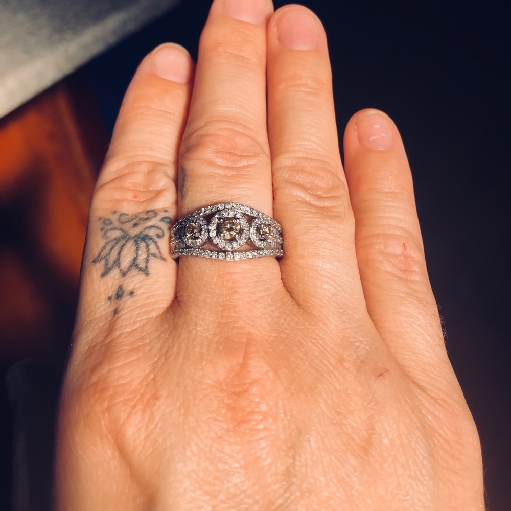 MARKED DOWN Champagne diamond three stone. 10kWG