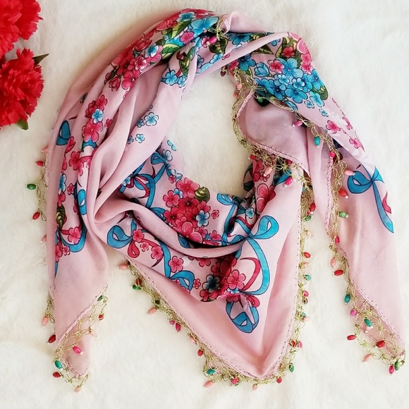 Accessories - Exotic Hand Made Beaded Needle Lace Floral Scarf
