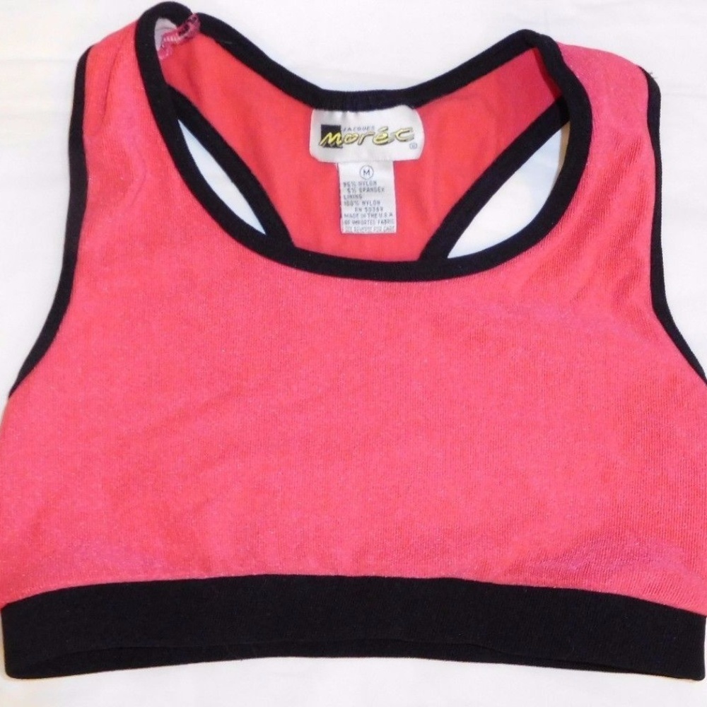 Vintage 80s 90s Moret Colorblock Hot Pink/Black Workout Sports Bra Top Yoga Crop