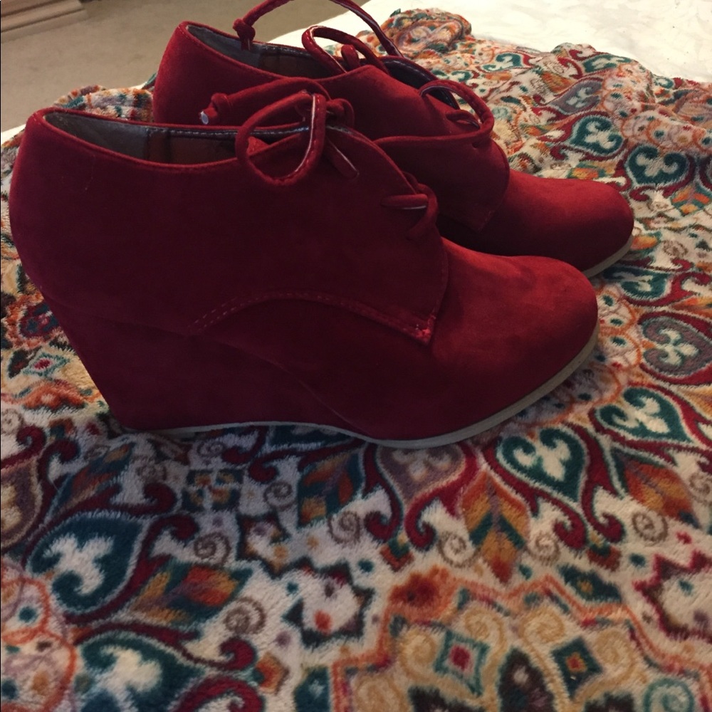 Red wedge booties