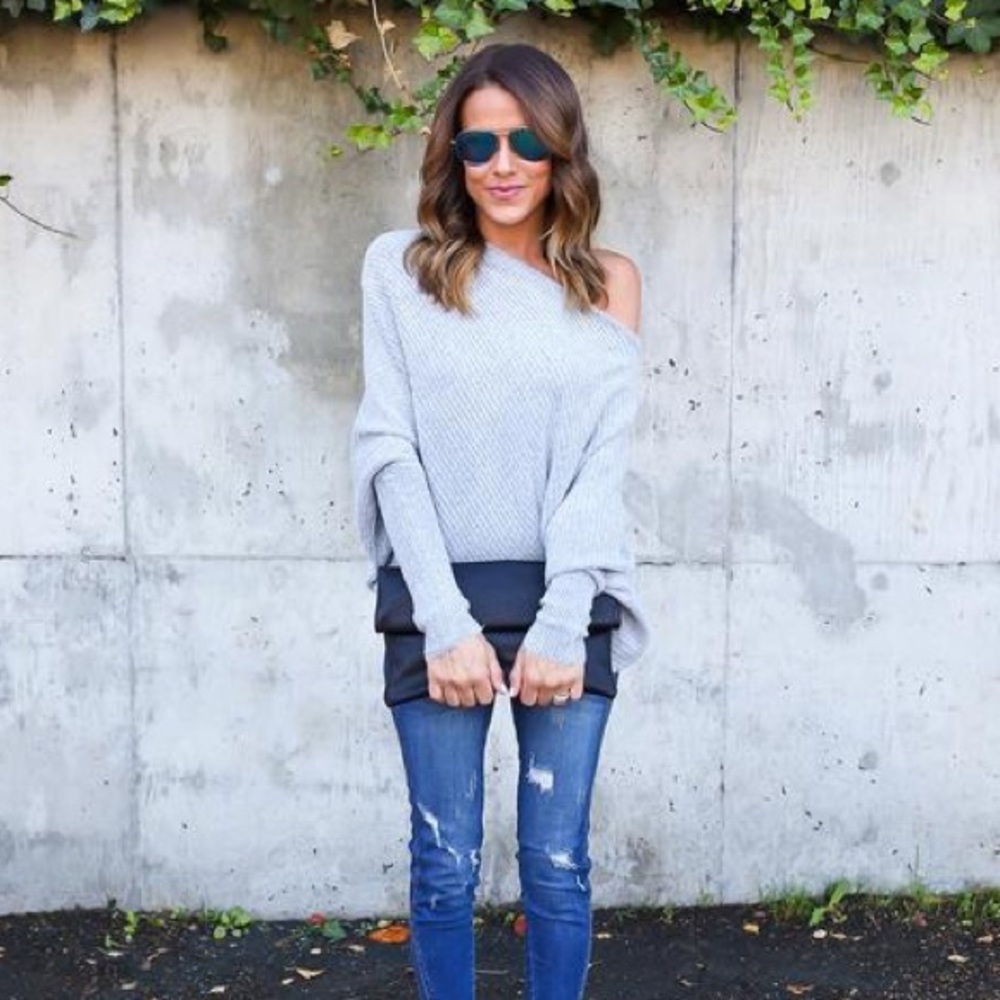 💥 SALE Off Shoulder Loose Ribbed Knit Sweater Top - Picture 2 of 5