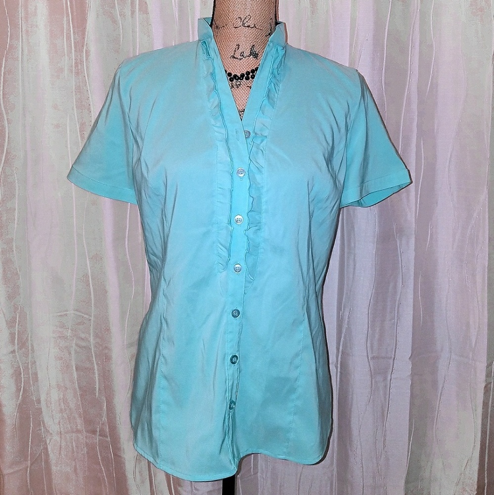 ICO Uniform Blouse Button Down w/Ruffle Accent, Short Sleeve in Turquoise Sz M