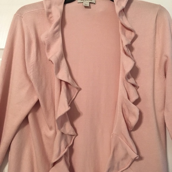Blush pink 3/4 sleeve ruffle front cardigan. - Picture 2 of 3