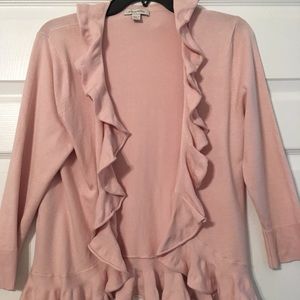 Blush pink 3/4 sleeve ruffle front cardigan.