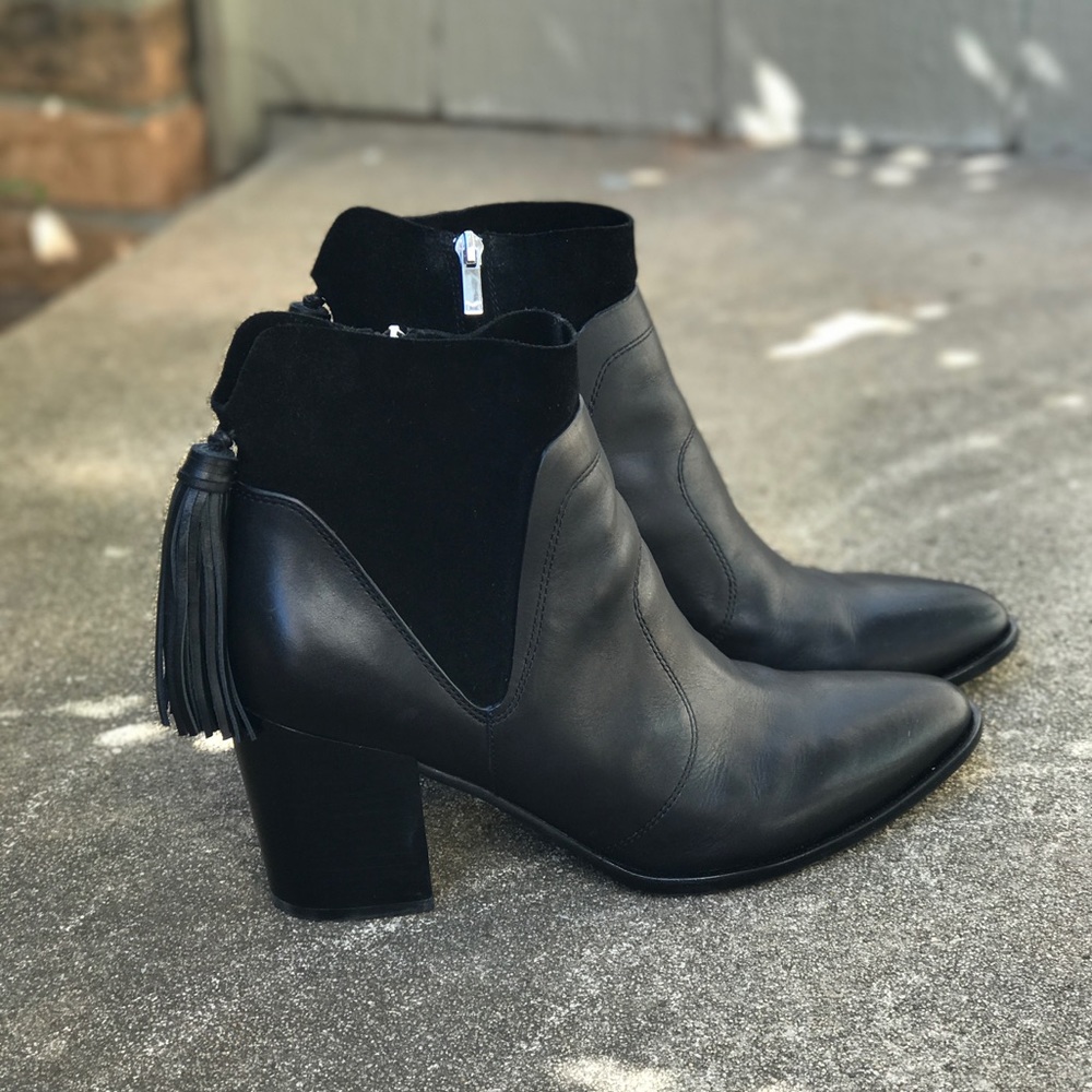 Black Leather and Suede Tassel Booties