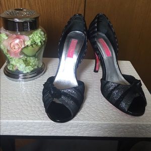 Black velvet and silver stripe open toe dress shoe