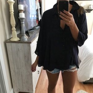 Navy button down cape blouse