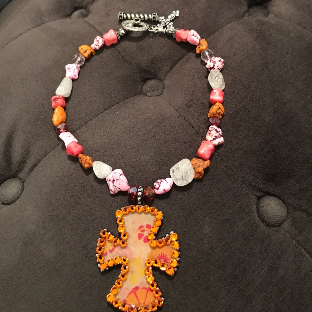 Pink and Orange Flower Cross Necklace Beaded