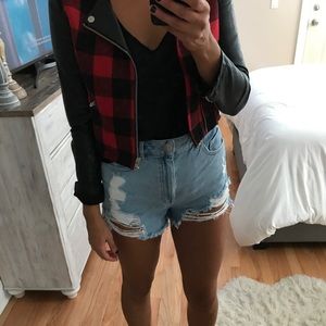 Cropped plaid and leather jacket