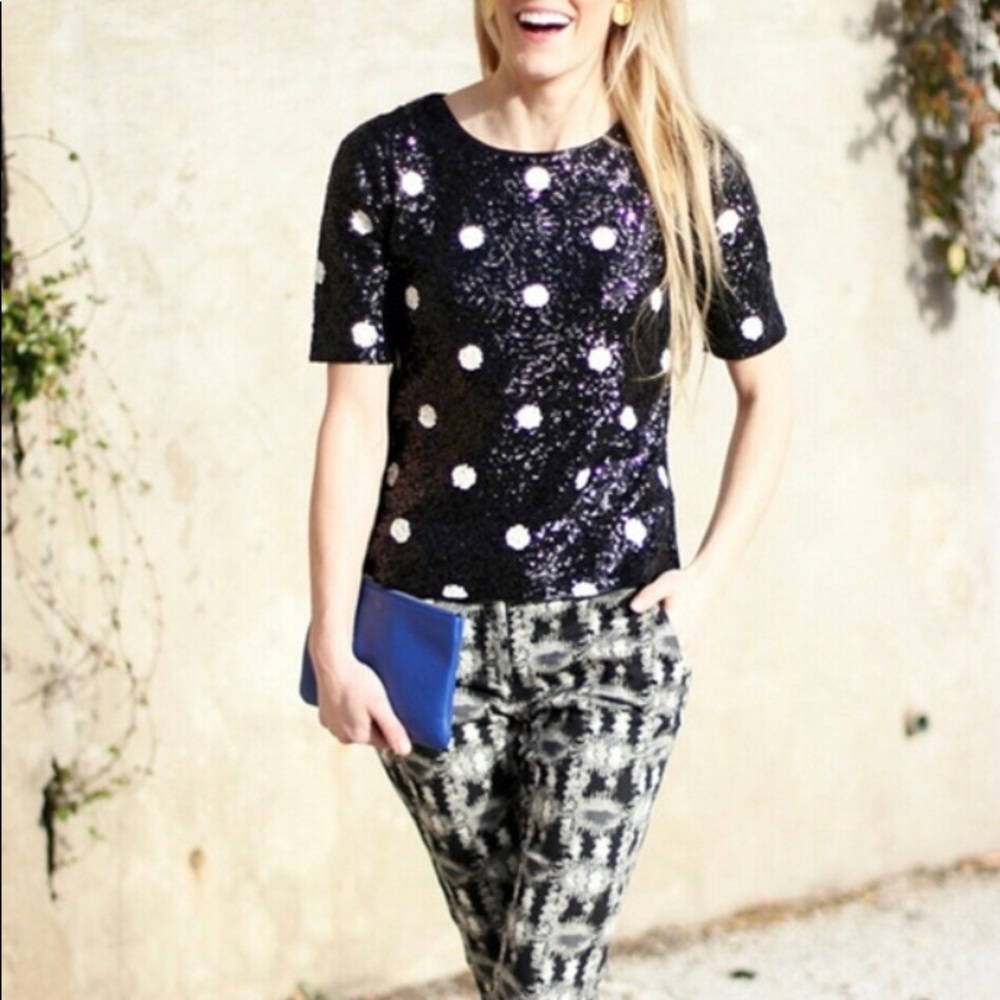 J. Crew Ivory and Black Sequin Top Size XL
