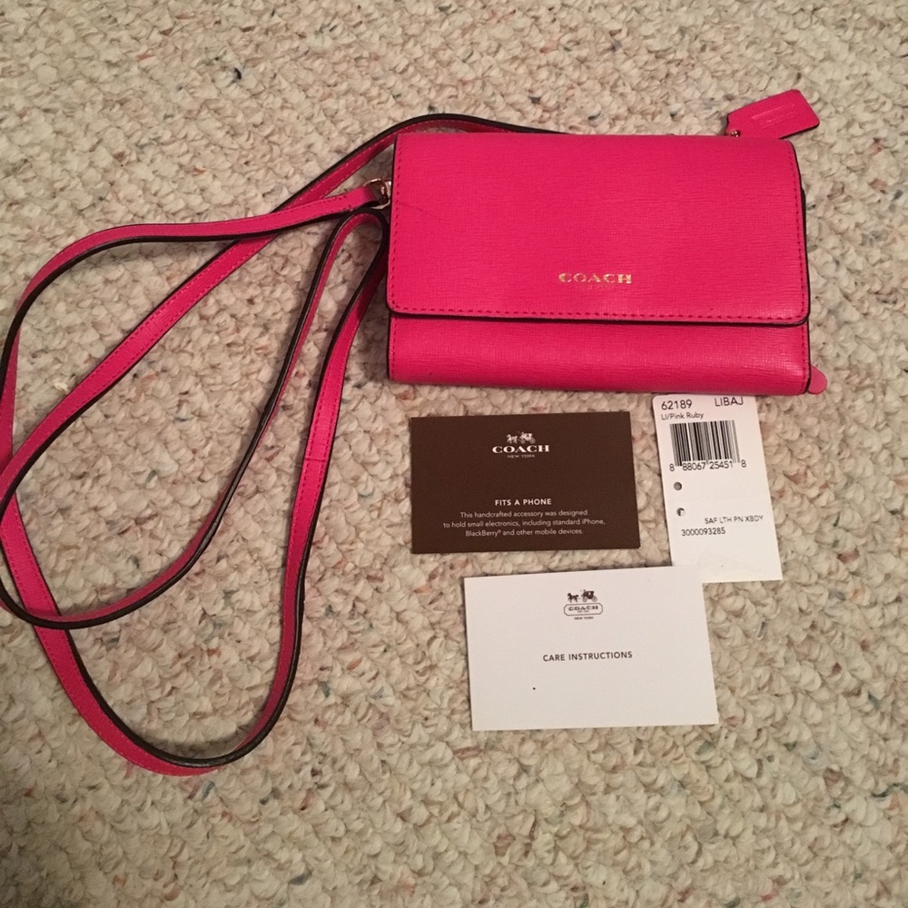 Coach crossbody saffiano leather wallet hot pink.