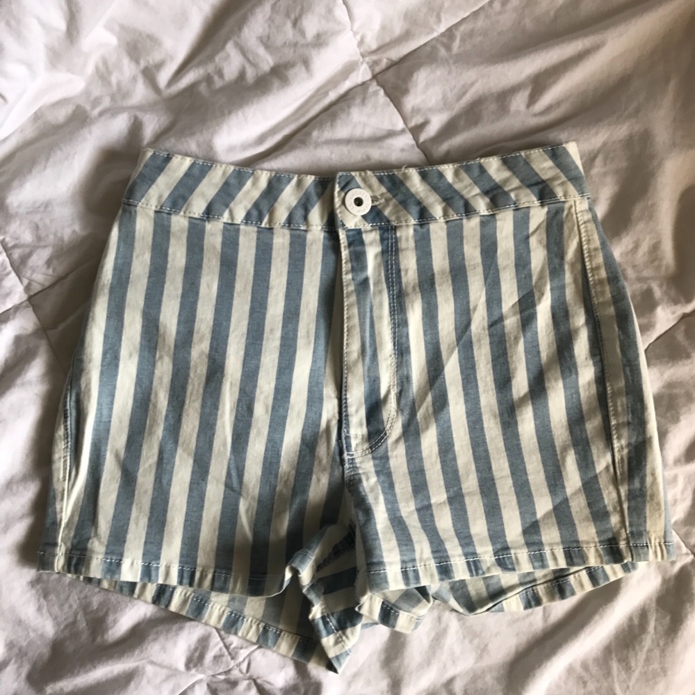Blue and white striped, high waisted shorts