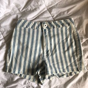 Blue and white striped, high waisted shorts