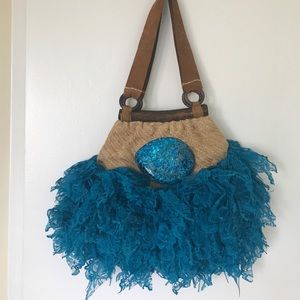 ONE OF A KIND HANDMADE NATURAL BAG. LARGE. BLUE.