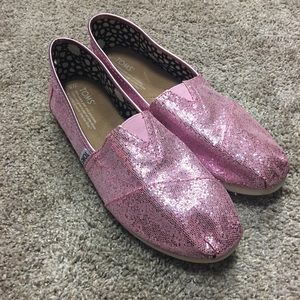Toms pink glitter slip ons