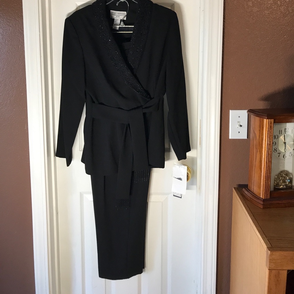 Two-piece beaded pant suit by Jessica Howard.