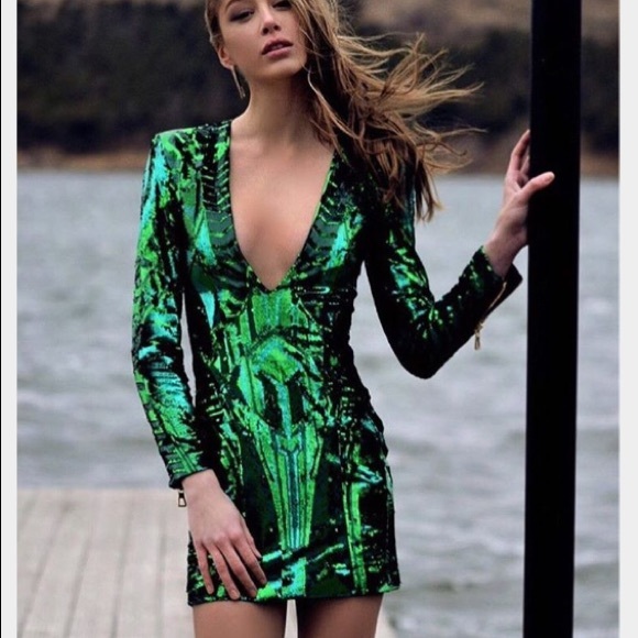 H&M Balmain Kendal Jenner Green Sequin Dress UK 10 - Picture 3 of 8