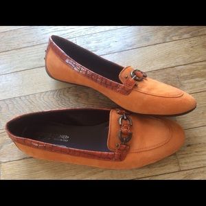 Donald J Pliner, suede loafers, tangerine color