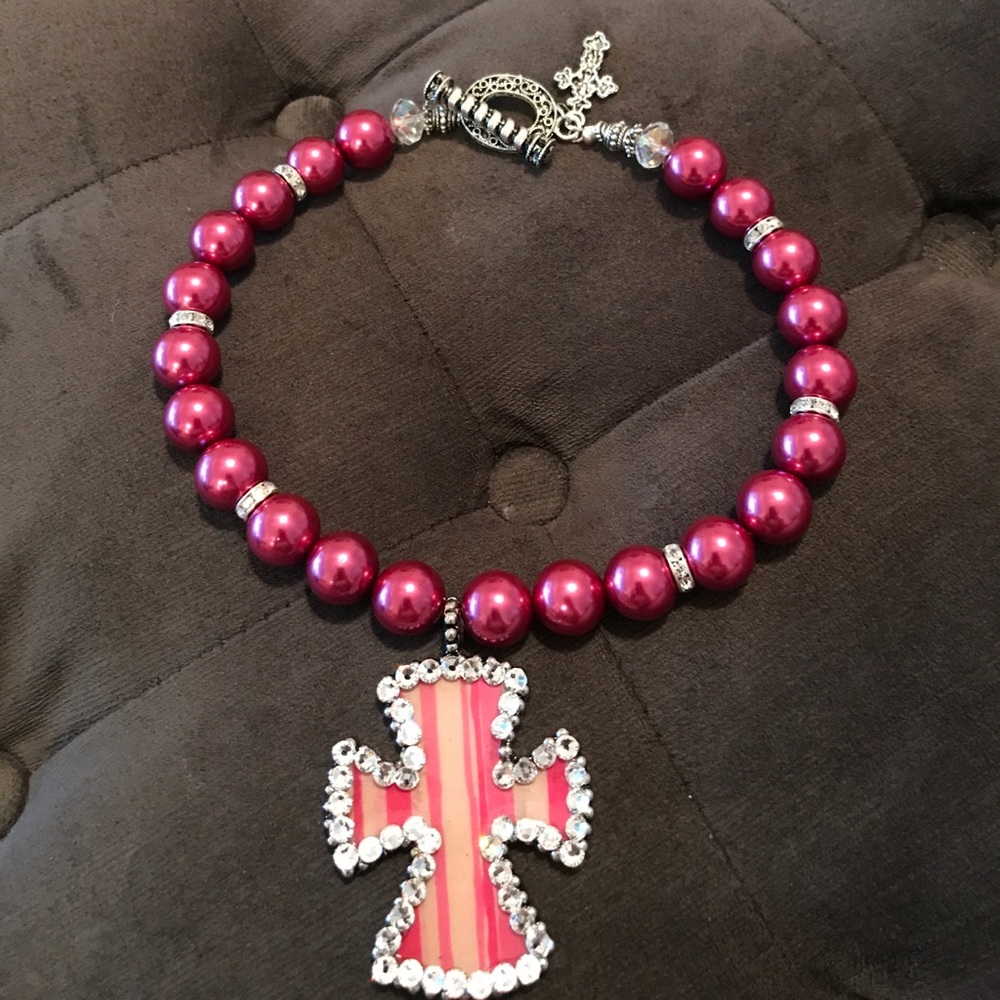 Hot Pink Pinstripe Pearl Cross Bead Necklace