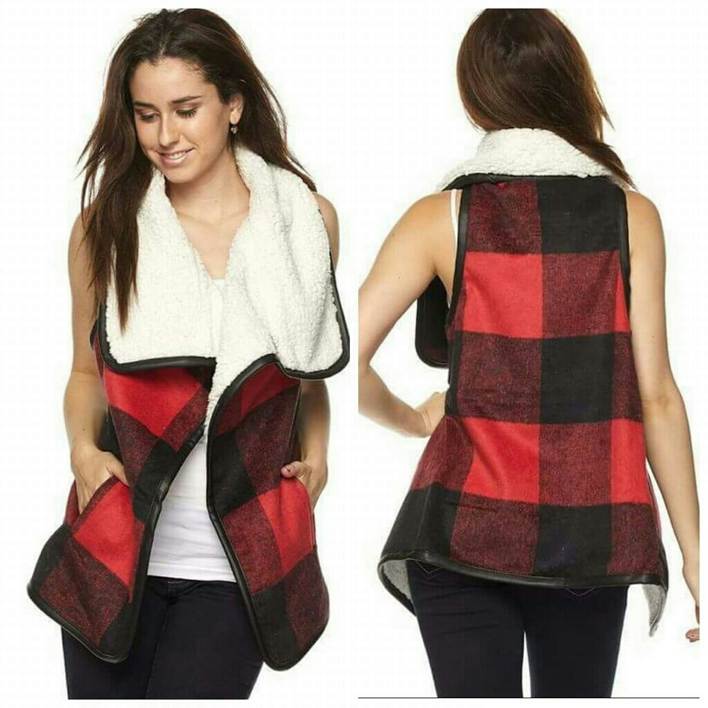 Red plaid fleece lined vest